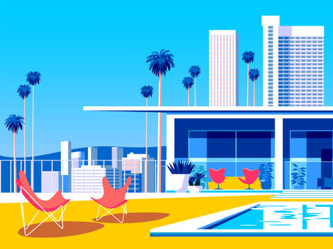 Landscape with swimming pool and mid-century house in the first plan and skyscrapers and palms in the background. Handmade drawing vector illustration. 