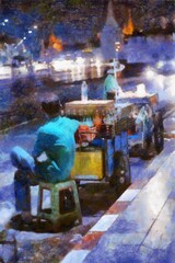 Street vendors at night Illustrations in chalk crayon colored pencils impressionist style paintings.