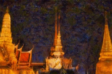 Landscape of the Grand Palace Bangkok Thailand Illustrations in chalk crayon colored pencils impressionist style paintings.