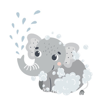 Vector illustration with a cute elephant, ideal for the design of baby shampoo or shower gel. © Evgeniia