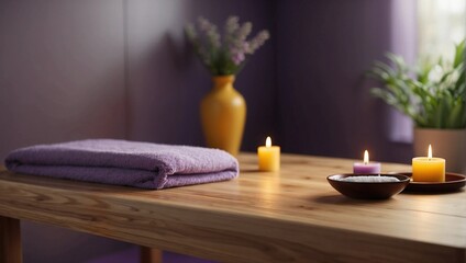 Spa composition with comfy bed, towel, flowers and burning candles on the table. Relaxing spa treatment setting