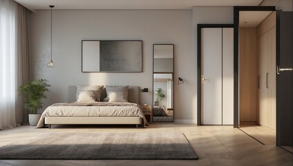 Cozy minimalist bedroom interior with neutral tones and large windows