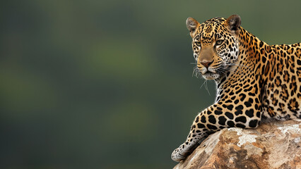 Naklejka premium Majestic leopard on a rock with a soft-focus green background, showcasing wildlife and nature's beauty.