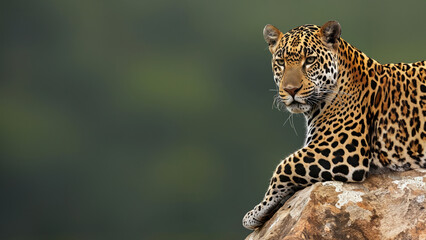 Majestic leopard on a rock with a soft-focus green background, showcasing wildlife and nature's beauty.
