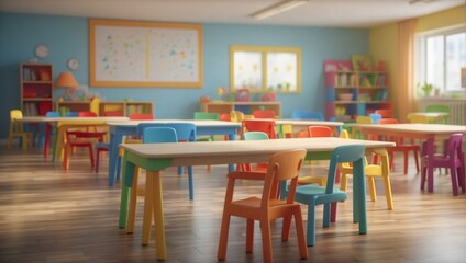 School classroom with supplies. Colorful and fun interior of a kindergarten, blurred background