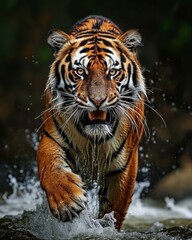 Obraz premium Intense close-up of a fierce tiger wading through water, a perfect capture for wildlife and nature themes.