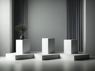 Clean empty room with a podium for product presentation or display. Modern minimalist mockup background