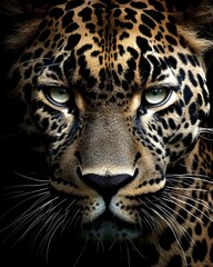 Intense close-up of a jaguar's face with captivating eyes, perfect for wildlife themes and powerful designs.