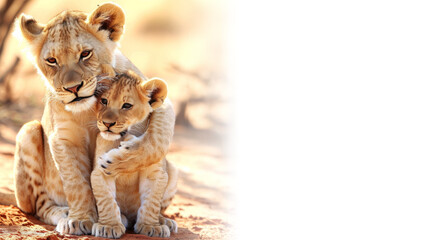 Adorable lion cub duo cuddling in warm light, wildlife affection, perfect for nature designs....