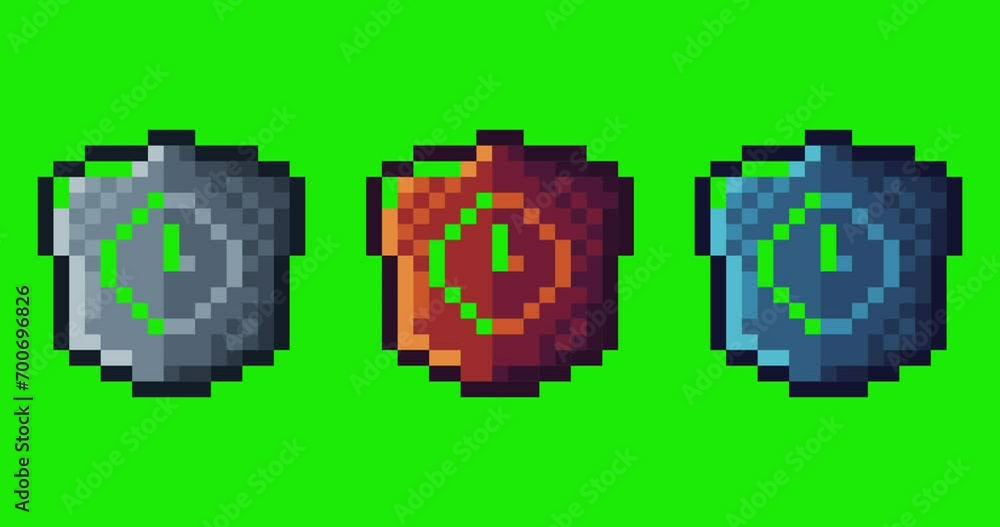 Poster green screen of time shield, shield time icon bits pixel slowly appeared and dissappeared. simple an