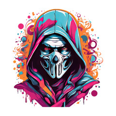 A psychedelic graphic design with a assassin character, vector style, for T-shirt printing.