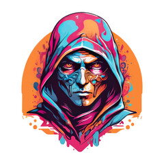 A psychedelic graphic design with a assassin character, vector style, for T-shirt printing.