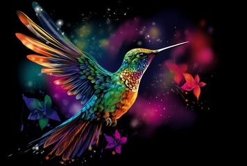 Colorful hummingbird with multicolored feathers on black background. Vector illustration.