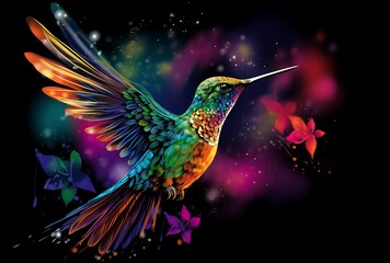 Obraz premium Colorful hummingbird with multicolored feathers on black background. Vector illustration.