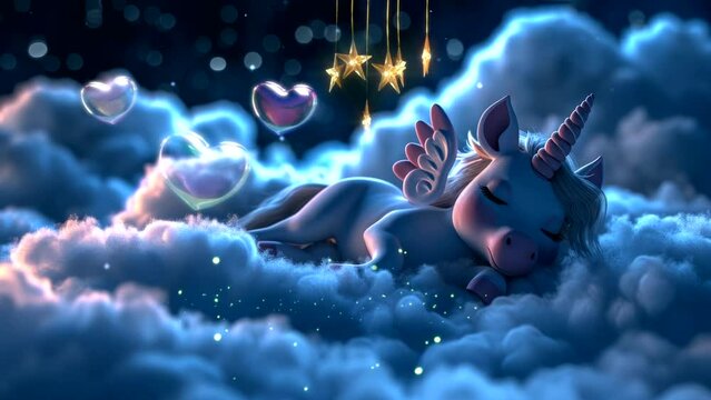 Lullaby For Babies video template looping unicorn or pegasus sleep on cloud, relax and nice dream on night 4k quality, looping video animation background for live wallpaper