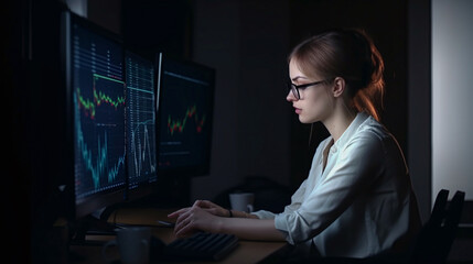 Person working in front of a computer screen, data analysis, stocks, market, analysis, graphs 