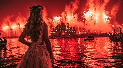 feux d'artifice au bord de l'eau le soir pour célébrer un évènement festif - obrazy, fototapety, plakaty