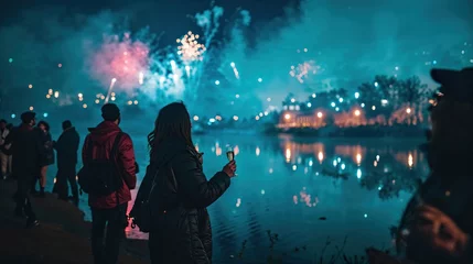 Fotobehang feux d'artifice au bord de l'eau le soir pour célébrer un évènement festif © Sébastien Jouve