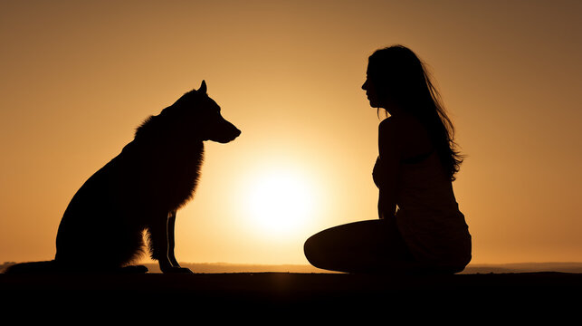 silhouette of a woman with dog at sunset