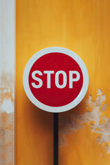 stop sign in front of yellow wall