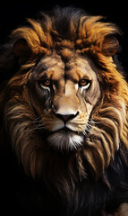Intimidating dark yellow lion face filling entire black background