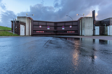 closed flood gate seen from the landside during storm surge in Cuxhaven, Germany