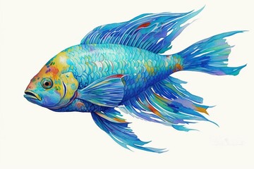 large fish with vibrant blue tail and fins floats gracefully in ocean depths. Generative AI