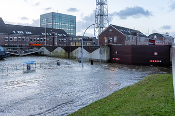 closed flood gate seen from the waterside during storm surge in Cuxhaven, Germany