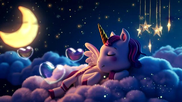 Lullaby For Babies video template looping unicorn or pegasus sleep on cloud, relax and nice dream on night 4k quality, looping video animation background for live wallpaper