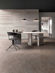 Bright office interior with marble wall and floor, hanging lamps, black chair, white table. 3D Rendering