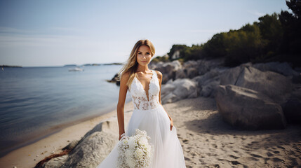 Fototapeta na wymiar beautiful 25 year old Australian model standing wearing stunning wedding dress with elegant beach wedding background setting