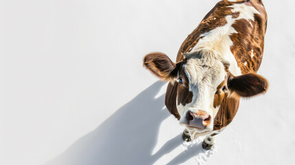 a cow on white background is looking up. Generative AI