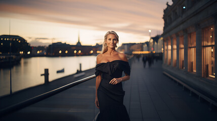 beautiful 45 year old Swedish model standing wearing stunning evening wear dress with elegant city background setting, friendly smile, sunny day