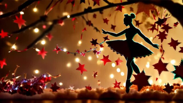 A silhouette of a ballerina strikes an elegant pose accompanied by star-shaped ornaments in a scene brimming with warm light.
