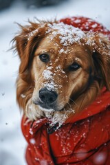 A portrait of a dog, high-fashion red fabric puffer jacket, pink snow on face, rustic face features