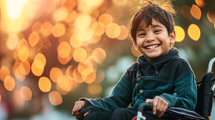 a child with a spinal cord injury in a wheelchair smiling outside - obrazy, fototapety, plakaty