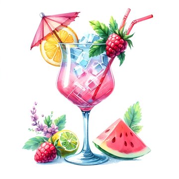 watercolor paint glass with summer coctail with tropic fruits for vacation card decor