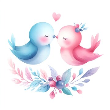 Couple of two color birds kissing watercolor paint for valentine's day holiday card decor