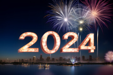 Happy New Year 2024 fireworks on the background with sparking golden 2024 HD wallpaper greeting card 