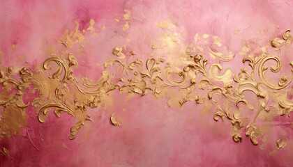 Golden rococo ornate shapes shining on a pink, distressed, weathered wall. Textured, vintage, ancient wallpaper. Artistic aged card, banner.. Backdrop. Textured scrapbook background.