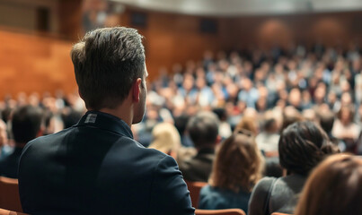 Rear view of people in audience at the conference hall, Speaker giving a talk in conference hall at business event