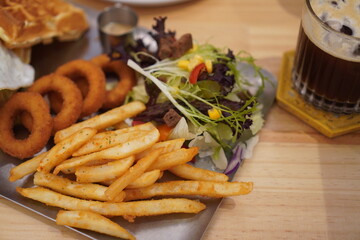 Delicious Fast Food Meal with Coffee on Wooden Table