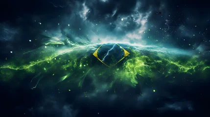Fotobehang abstract illustration of the flag of brazil with dark green background for copy space © Microtech