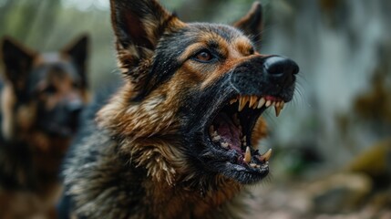 German shepherd dog with open mouth on blurred background, close-up. Animal rabies.