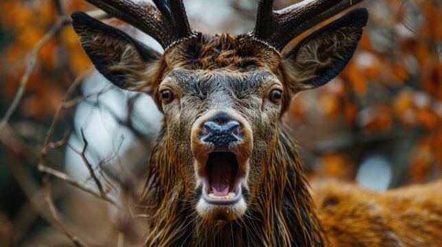 Close up of a Red Deer with open mouth. Animal rabies.