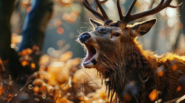 Close up of a Red Deer with open mouth. Animal rabies.