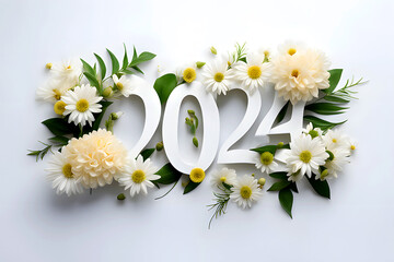Fototapeta na wymiar Greeting card Happy New Year 2024 with roses flowers on a white background