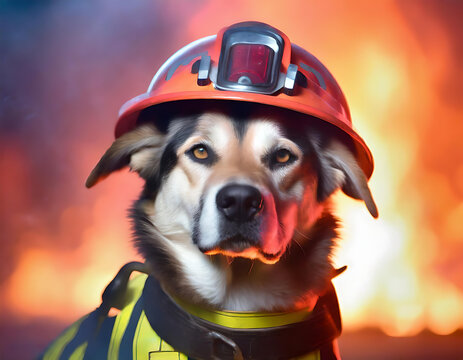 a firefighter dog in a helmet in front of fire looking exhausted, in the style of vibrant, Generative Ai
