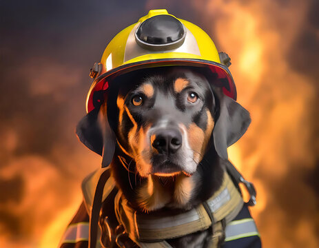a firefighter dog in a helmet in front of fire looking exhausted, in the style of vibrant, Generative Ai