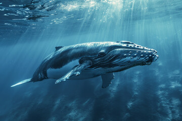 Fototapeta premium Large humpback whale swimming underwater. Sunbeams are penetrating the water’s surface, illuminating the whale